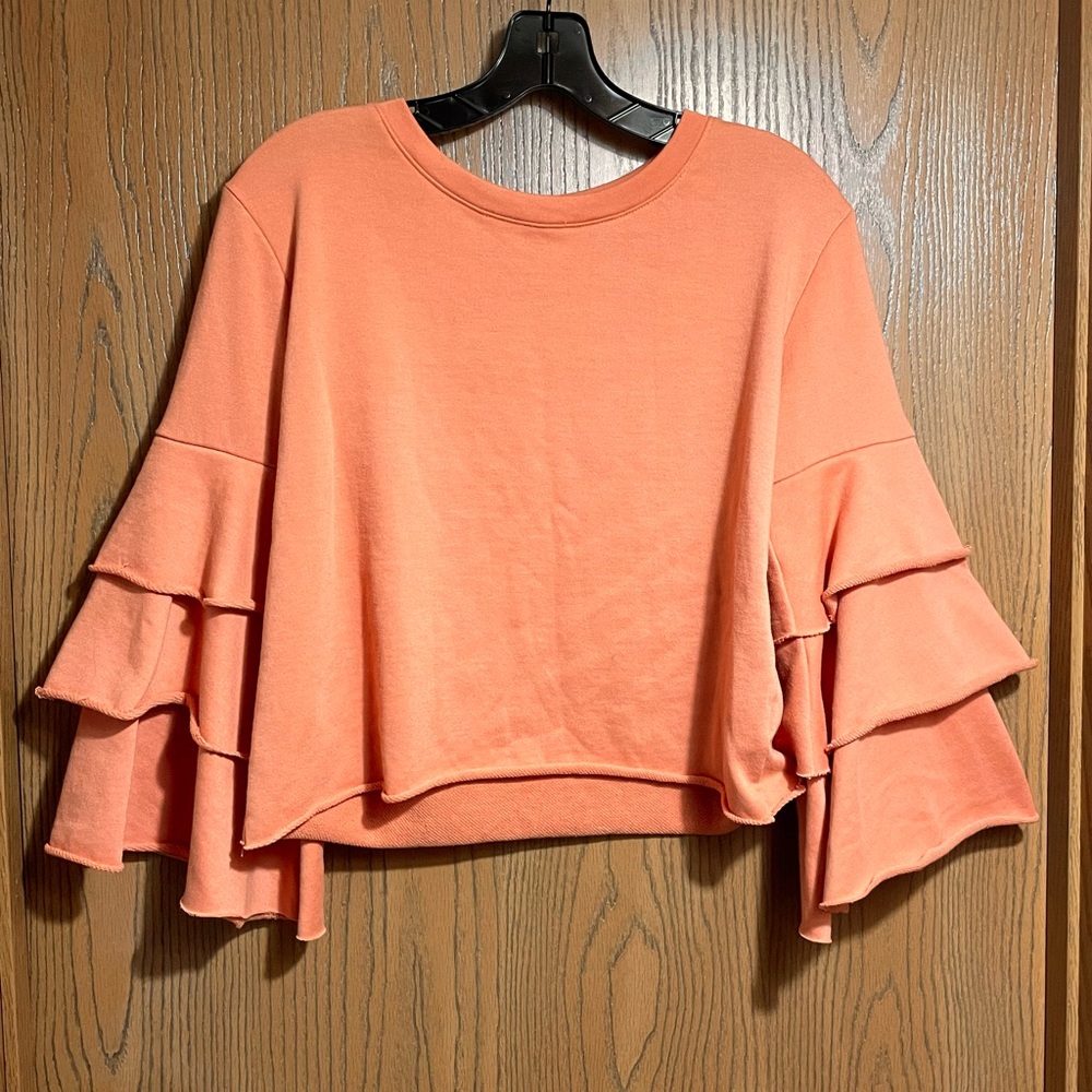 Orange Tiered Ruffle Sleeve Cropped Sweatshirt